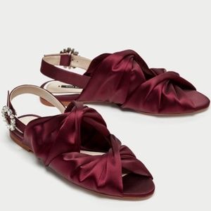 Zara Burgundy Satin Flat Slingback Sandals